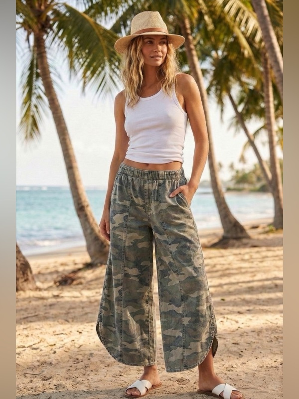 LovLov Camo Wide-Leg Elastic Waist Crop Pants - Green Camo - Picture 2 of 3